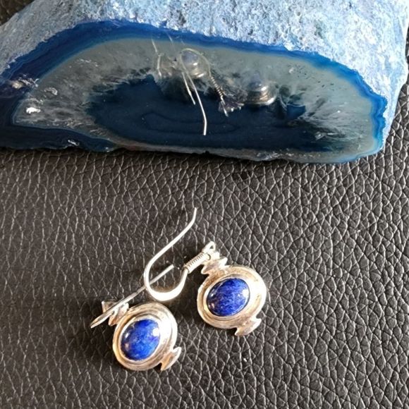 Lapis Stone and Sterling Silver Earrings Semi Precious Stone 925 Silver - Picture 2 of 5
